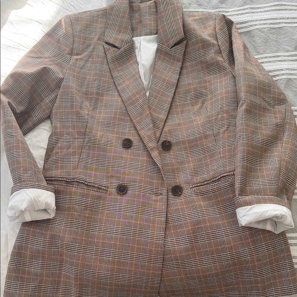 Classic Plaid Double-Breasted Blazer